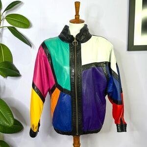 Vintage 80's Rainbow Colorblock 100% Leather Jacket